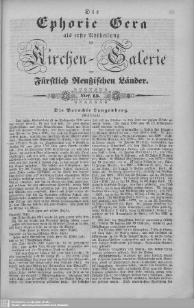 Die Parochie Langenberg (Beschluß), Hirschfeld, Bethenhausen, Söllmnitz, Wernsdorf, Parochie Dorna, Zschippach, Groitschen, Kretzschwitz, Seeligenstädt, Die Parochie Köstritz mit Gleina und Hartmannsdorf : 15. Lieferung