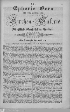 Die Parochie Langenberg (Beschluß), Hirschfeld, Bethenhausen, Söllmnitz, Wernsdorf, Parochie Dorna, Zschippach, Groitschen, Kretzschwitz, Seeligenstädt, Die Parochie Köstritz mit Gleina und Hartmannsdorf : 15. Lieferung