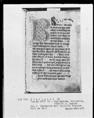 Psalterium — Initiale B (eatus), Folio 1 recto