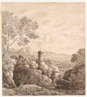 Ideale Berglandschaft mit Turmruine und Wasserfall