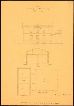 Herrenhaus, Gießmannsdorf Gärtnerwohnhaus: Grundriss Obergeschoss; Aufriss Rückansicht; Querschnitt; Maßstabsleiste
