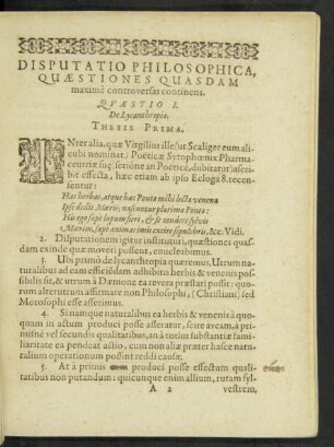 Disputatio Philosophica, Quaestiones Quasdam maxime controversias continens.