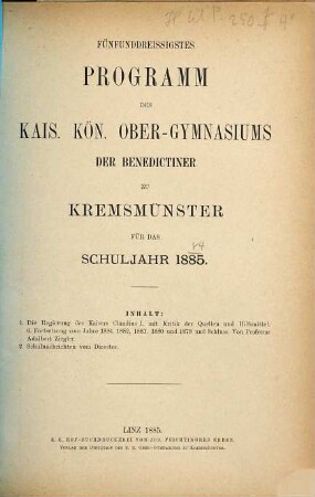 Programm des Obergymnasiums der Benediktiner zu Kremsmünster. 1884/85 = 35