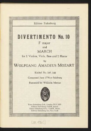 Divertimento no. 10 F major and march for 2 violins, viola, bass and 2 horns : Köchel No. 247, 248