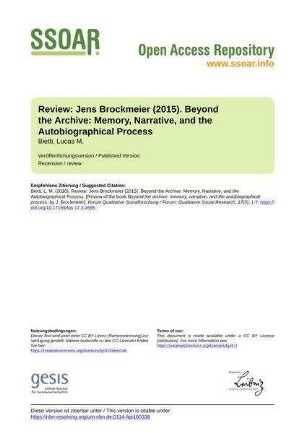 Review: Jens Brockmeier (2015). Beyond the Archive: Memory, Narrative, and the Autobiographical Process
