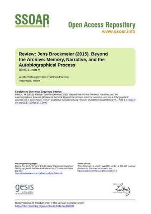Review: Jens Brockmeier (2015). Beyond the Archive: Memory, Narrative, and the Autobiographical Process