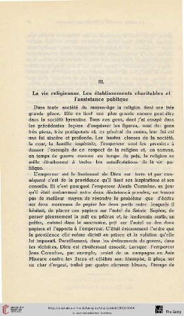 III. La vie religieusse. Les établissements charitables et l'assistance publique