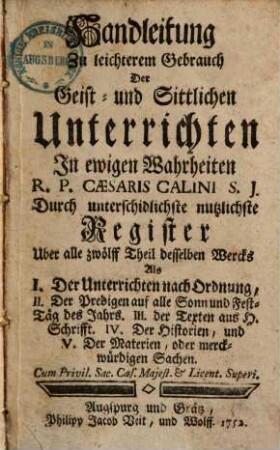 Handleitung zu leichterem Gebrauch der geist- und sittlichen Unterrichten in ewigen Wahrheiten ...