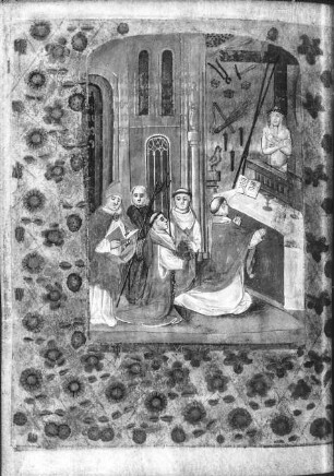 Horarium : Messe des heiligen Gregor, fol. 82v. Aus: Horarium. Pergament, Wasserfarben, Blattgold; 175 x 130 mm. Niederländisch, um 1500. Dresden: SLUB Mscr.Dresd.M.220