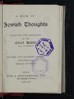 A book of jewish thoughts / selected and arr. by the Chief Rabbi (Dr. J.H. Hertz)