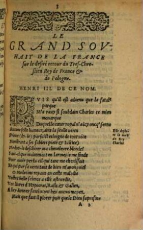 Le Grand Sovhait De La France Svr Le Desiré Retovr Dv Tres-Chrestien Roy de France & de Pologne, Henri III. De Ce Nom : Auec vng bref discours des triomphes & honneurs qu'on luy doit faire passant par l'Italie