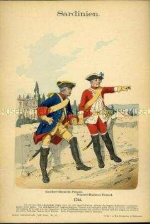 Uniformdarstellung, Reiter des Kavallerie-Regiments "Piemont", Reiter des Dragoner-Regiments "Piemont", Königreich Sardinien, 1744.