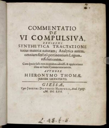 Commentatio De Vi Compulsiva : Exhibens Synthetica Tractatione totius materiae naturam; Analytica autem omnium fere eo pertinentium Legum resolutionem