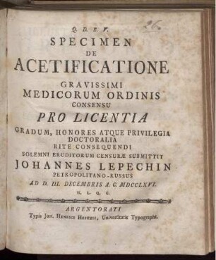 Specimen De Acetificatione : Gravissimi Medicorum Ordinis Consensu Pro Licentia Gradum, Honores Atque Privilegia Doctoralia Rite Consequendi