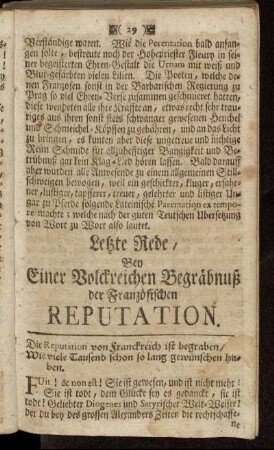 Letzte Rede/ Bey Einer Volckreichen Begräbnuß der Französischen Reputation