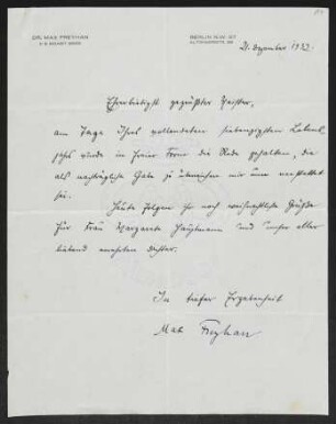Brief von Max Freyhan an Gerhart Hauptmann
