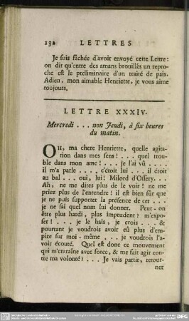 Lettre XXXIV. Mercredi ... non Jeudi, à six heures du matin
