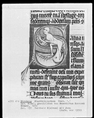 Lateinische Bibel — Initiale S (alvum) mit Jonas, Folio 137recto