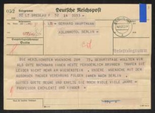 Brief von Bernhard Ercklentz an Gerhart Hauptmann