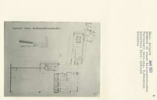 Entwurf zu einem Hallenschwimmbad (Diplomarbeit bei Kurt Dübbers): Grundriss Erdgeschoss 1:100 und Perspektivische Ansicht Eingangspartie
