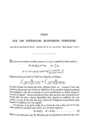 Paper XXXIV. Sur les Intégrales Elliptiques Complètes.