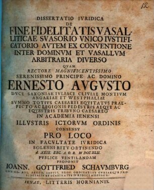 Dissertatio iuridica de fine fidelitatis vasalliticae suasorio unico, iustificatorio autem ex conventione inter dominum et vasallum arbitraria diverso