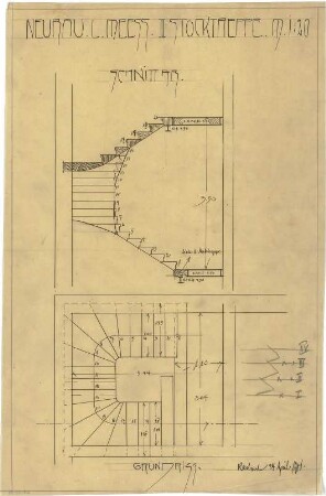 Billing, Hermann; Karlsruhe, Kriegsstr. 159 / Bunsenstr. 12; Doppelhaus L. Meess - Treppe 3. OG (Grundriss; Schnitt A-B)