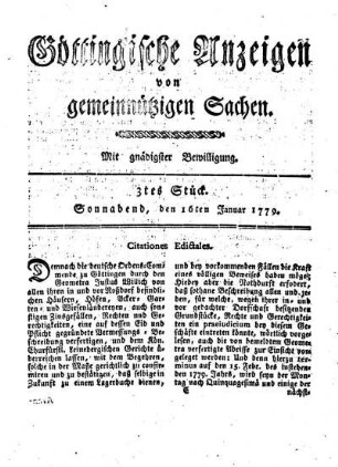 3tes Stück. Sonnabend, den 16ten Januar 1779.