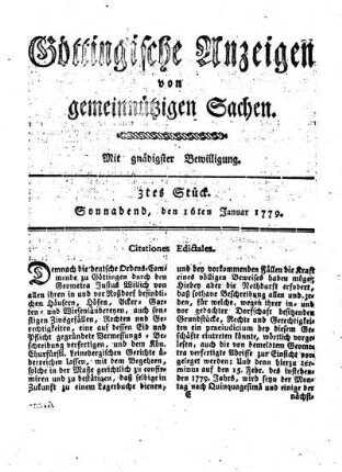 3tes Stück. Sonnabend, den 16ten Januar 1779.