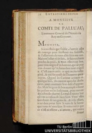 Entretiens De Feu A Monsievr Le Comte De Palluau; Lieutenant General de l'Armée du Roy en Guyenne.