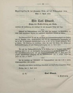 20. Abgabengesetz für das Herzogtum Gotha auf das Rechnungsjahr 1916. Vom 17. April 1916