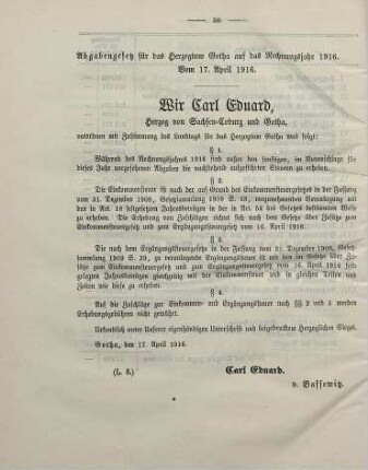 20. Abgabengesetz für das Herzogtum Gotha auf das Rechnungsjahr 1916. Vom 17. April 1916