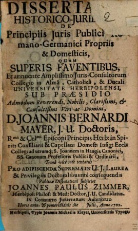Diss. hist. iur. de principiis iuris publici romano germanici propriis et domesticis