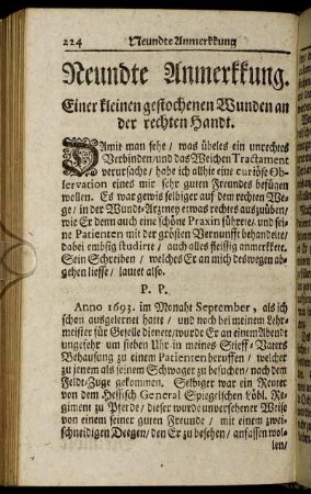 Neundte Anmerkkung. Einer kleinen gestochenen Wunden an der rechten Handt.