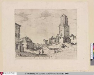 Torre di Conti, & Santo Maria di retonde [Ruine des Torre dei Conti rechts einer Straße, im Hintergrund Rotunde von Mosta; Torre delle Milizie en het Pantheon]