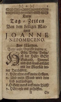 Kurtze Tag-Zeiten Von dem heiligen Martyrer Joanne Nepomuceno.