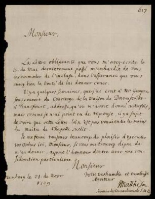 Brief von Johann Mattheson an Johann Friedrich von Uffenbach, Hamburg, 21.11.1739