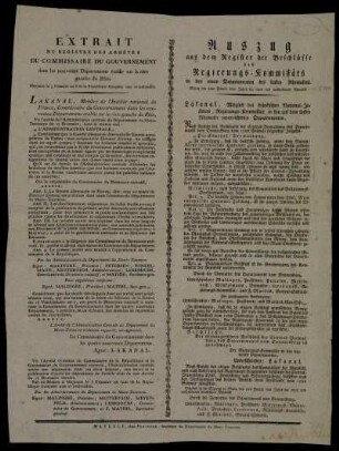 Extrait Du Registre Des Arrêtés Du Commissaire Du Gouvernement dans les nouveaux Départemens établis sur la rive gauche du Rhin : Mayence le 3 Frimaire an 8 de la Republique française une et indivisible : Mainz den 3ten Frimär 8ten Jahrs der einen und untheilbaren Republik