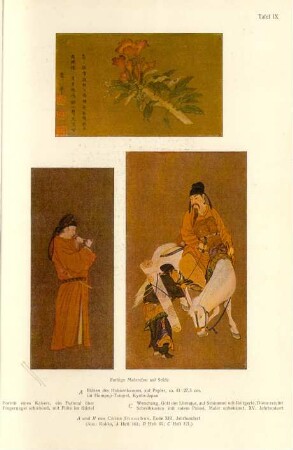 Tafel IX. [Chien Shunchü, Hahnenkamm. - Chien Shunchü, Kaiserporträt. - Gott der Literatur Wenchang]