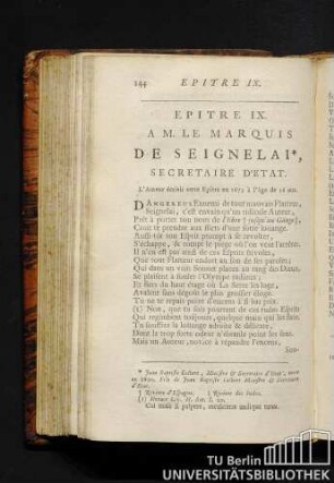 Epitre IX. A. M. le marquis de Seignelai, secretaire d'etat. L'auteur écrivit cette epitre en 1673 à l'âgé de 36 ans.