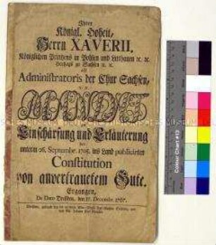 Mandat von Franz Xaver Prinz von Sachsen betreffend Novellierung der Lehnsordnung vom 26.9.1705