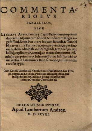 Commentariolus parallelos, sive Libellus Assertorius ...
