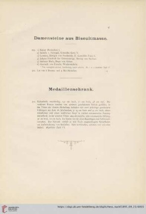 Damensteine aus Biscuitmasse / Medaillenschrank (Nr. 299 - 301)