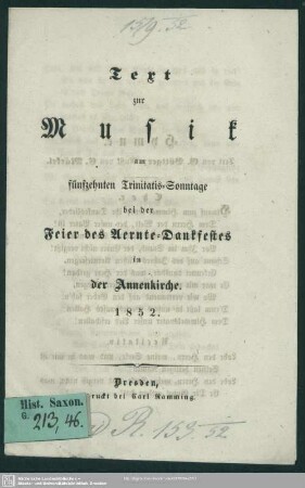Text zur Musik am fünfzehnten Trinitatis-Sonntage bei der Feier des Aernte-Dankfestes in der Annenkirche