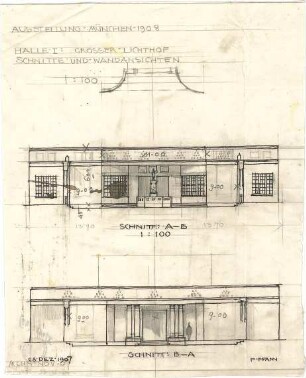 Pfann, Paul; München - Theresienhöhe; Ausstellung München 1908 - Halle I., Großer Lichthof, Wände (Teilgrundriss, Ansichten m. Schnitt)