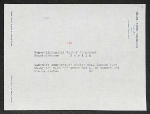 Brief von Gerhart Hauptmann an Gustaf Gründgens