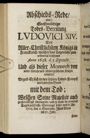 Abschiedes-Rede, oder Großmüthige Todes-Bereitung Ludovici XIV [...]