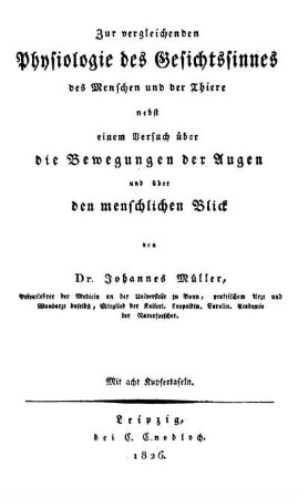 Zur vergleichenden Physiologie des Gesichtssinnes des Menschen und der Thiere : nebst einem Versuch über die Bewegungen der Augen und über den menschlichen Blick ... ; Mit acht Kupfertafeln