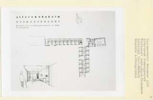 Altersheim, Berlin-Schmargendorf (Diplomarbeit bei Kurt Dübbers): Grundriss 1. Obergeschoss 1:200 und Perspektivische Ansicht