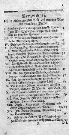Verzeichniß der in diesem zweyten Stük des neunten Bandes recensirten Bücher.